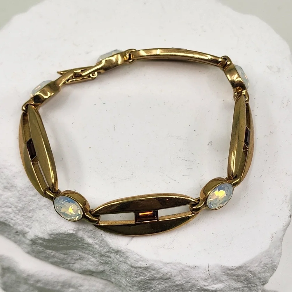 Gold Tone Opalescent Crystal Link Bracelet Brown Baguette Art Deco Statement